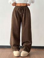 Corduroy Wide-Leg Pants Women's Brown Drawstring Elastic Waist – Casual, Office · Faylori