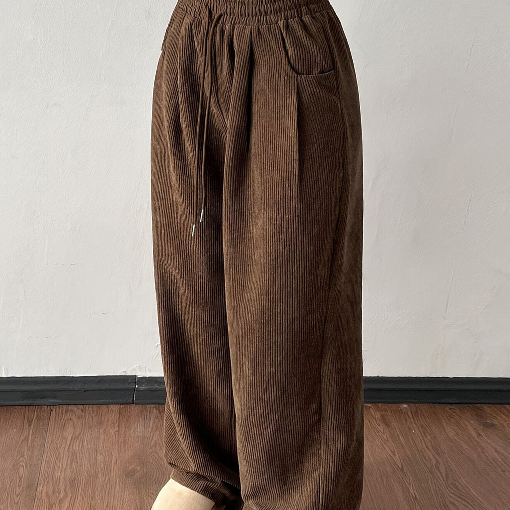 Corduroy Wide-Leg Pants Women's Brown Drawstring Elastic Waist – Casual, Office · Faylori