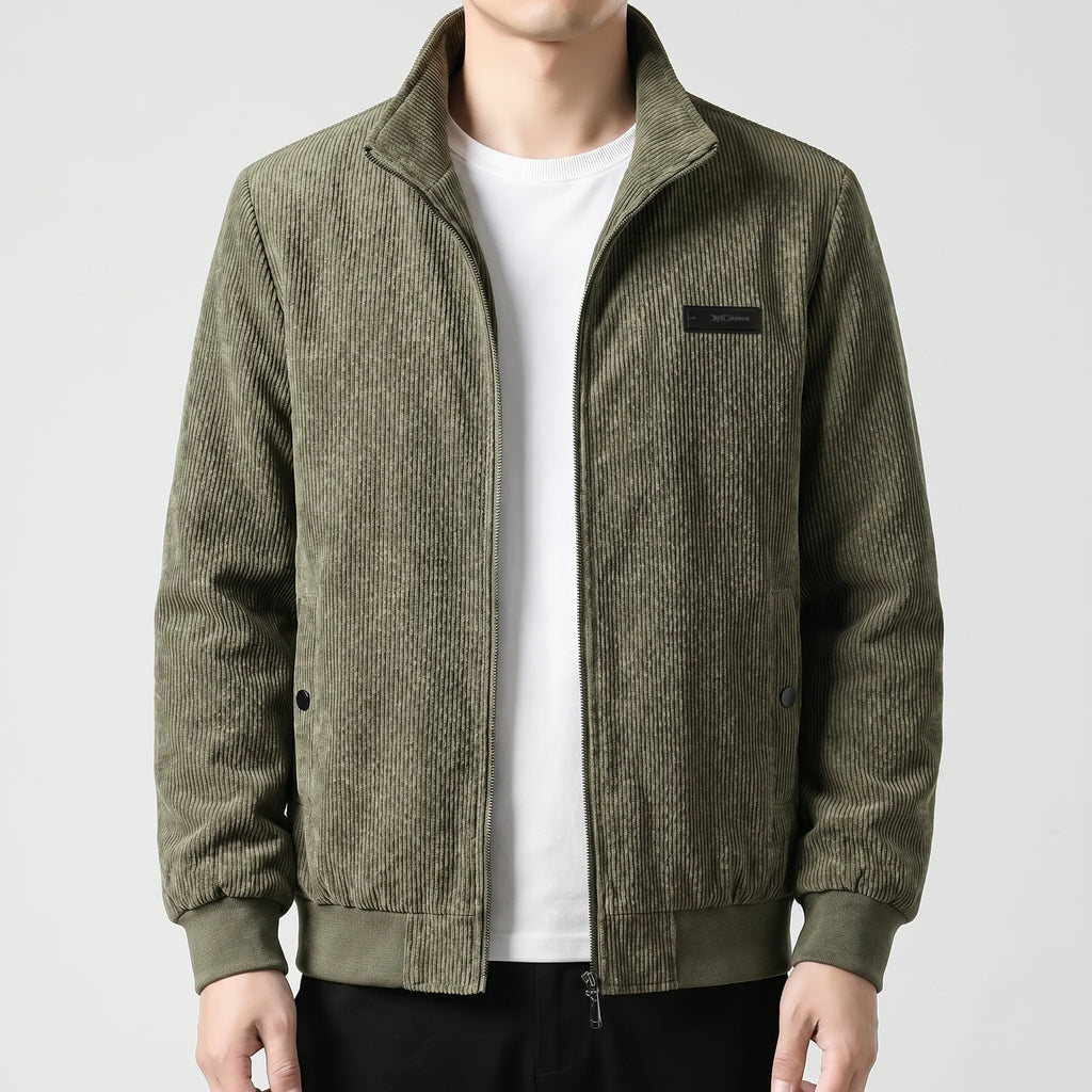 Corduroy Zip Jacket Men's Grey Stand Collar Fleece Lined – Casual, Office, Holiday, Gift