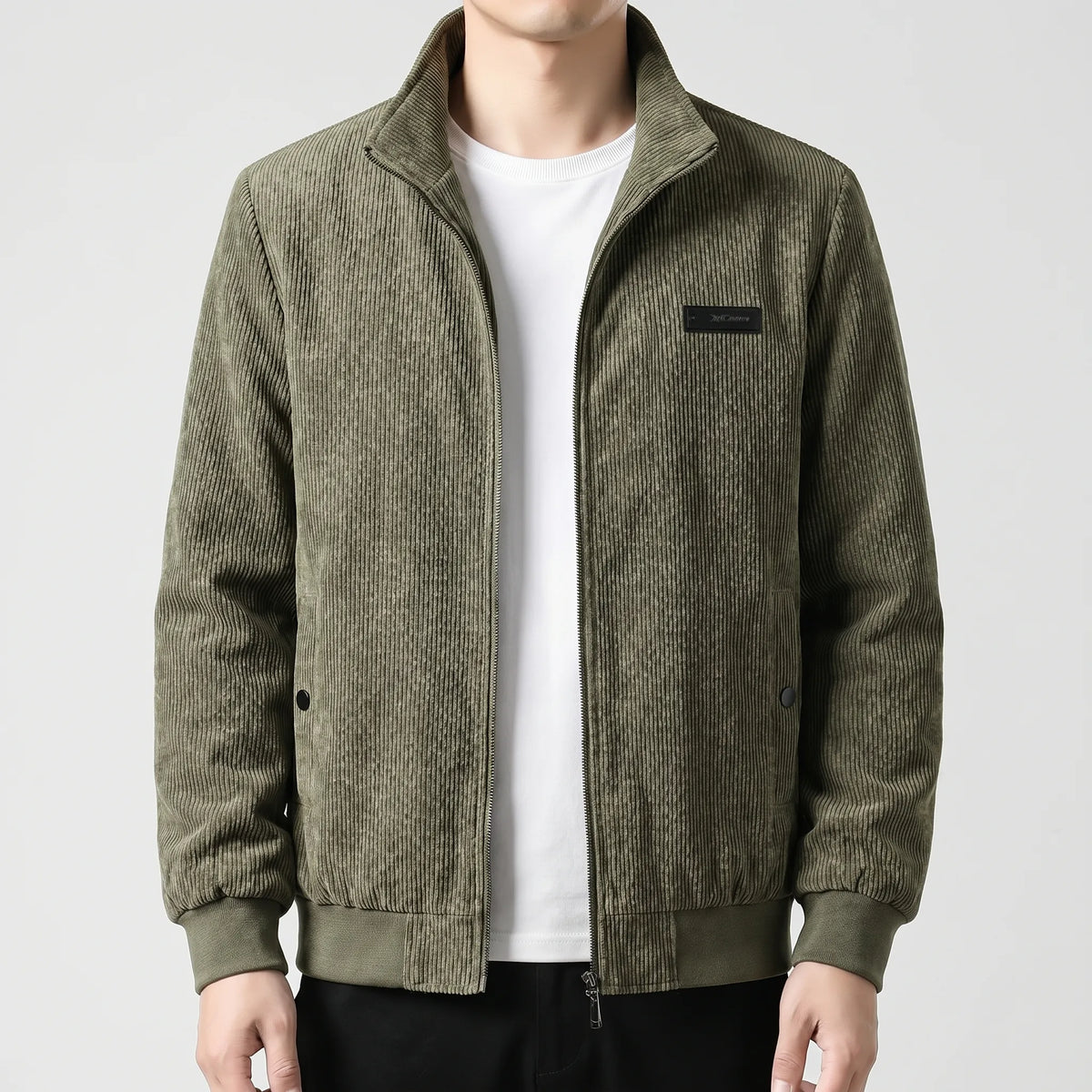 Corduroy Zip Jacket Men's Grey Stand Collar Fleece Lined – Casual, Office, Holiday, Gift