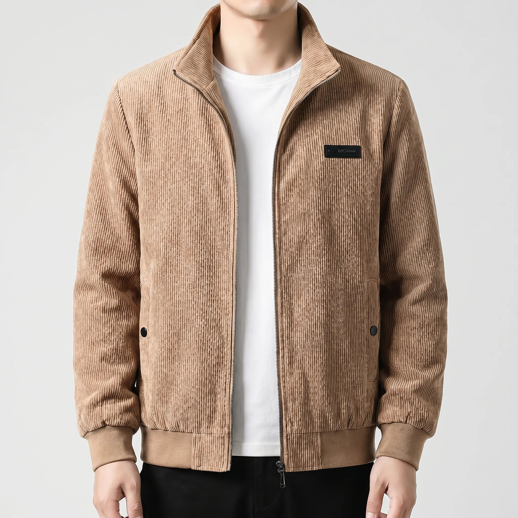 Corduroy Zip Jacket Men's Grey Stand Collar Fleece Lined – Casual, Office, Holiday, Gift