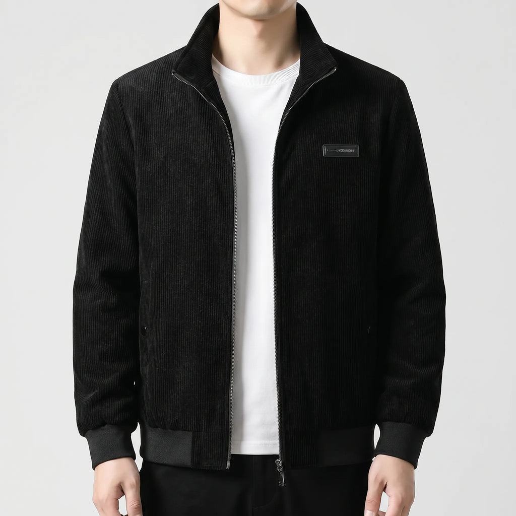 Corduroy Zip Jacket Men's Grey Stand Collar Fleece Lined – Casual, Office, Holiday, Gift