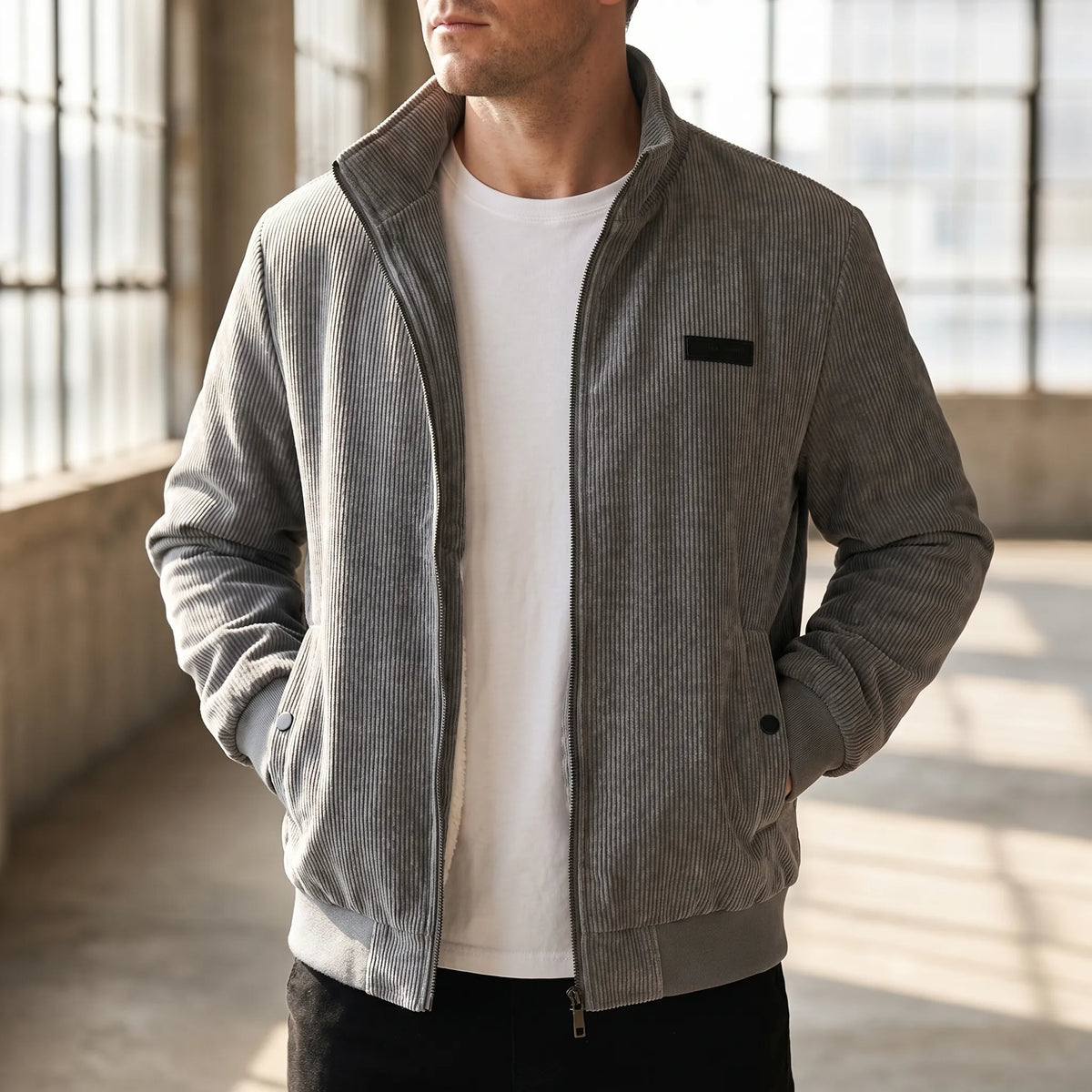Corduroy Zip Jacket Men's Grey Stand Collar Fleece Lined – Casual, Office, Holiday, Gift
