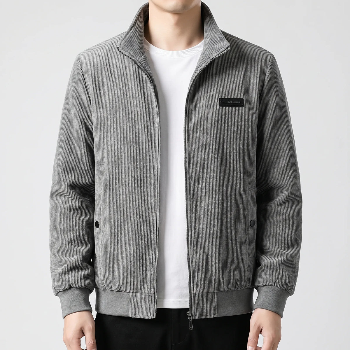 Corduroy Zip Jacket Men's Grey Stand Collar Fleece Lined – Casual, Office, Holiday, Gift