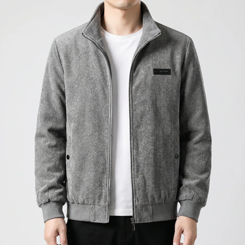 Corduroy Zip Jacket Men's Grey Stand Collar Fleece Lined – Casual, Office, Holiday, Gift