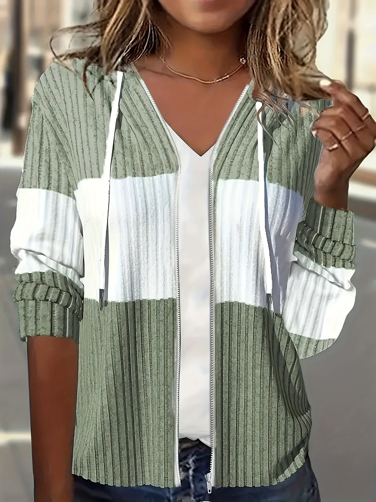 Corduroy Zip-Up Hoodie Women's Color-Block Green White Drawstring – Casual, Everyday