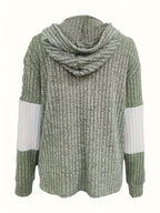 Corduroy Zip-Up Hoodie Women's Color-Block Green White Drawstring – Casual, Everyday