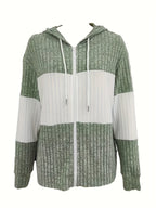 Corduroy Zip-Up Hoodie Women's Color-Block Green White Drawstring – Casual, Everyday