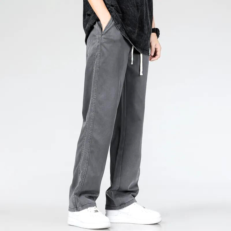 Cotton Denim Pants Men's Green Drawstring Straight-Leg – Casual, Office · Faylori