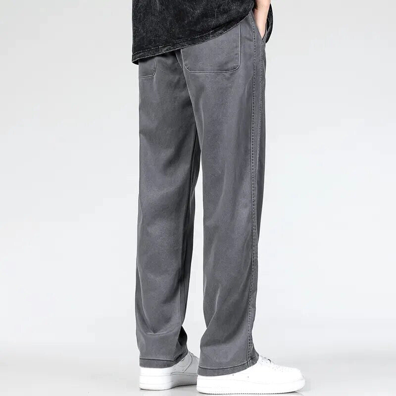 Cotton Denim Pants Men's Green Drawstring Straight-Leg – Casual, Office · Faylori