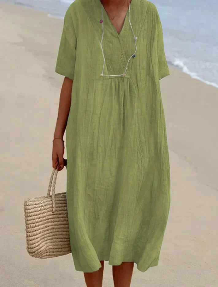 Cotton Linen Midi Dress Light Blue V-Neck Women's Short Sleeve – Casual, Beach, Summer, Holiday