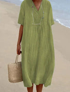 Cotton Linen Midi Dress Light Blue V-Neck Women's Short Sleeve – Casual, Beach, Summer, Holiday