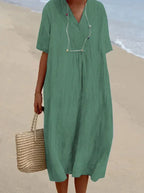 Cotton Linen Midi Dress Light Blue V-Neck Women's Short Sleeve – Casual, Beach, Summer, Holiday