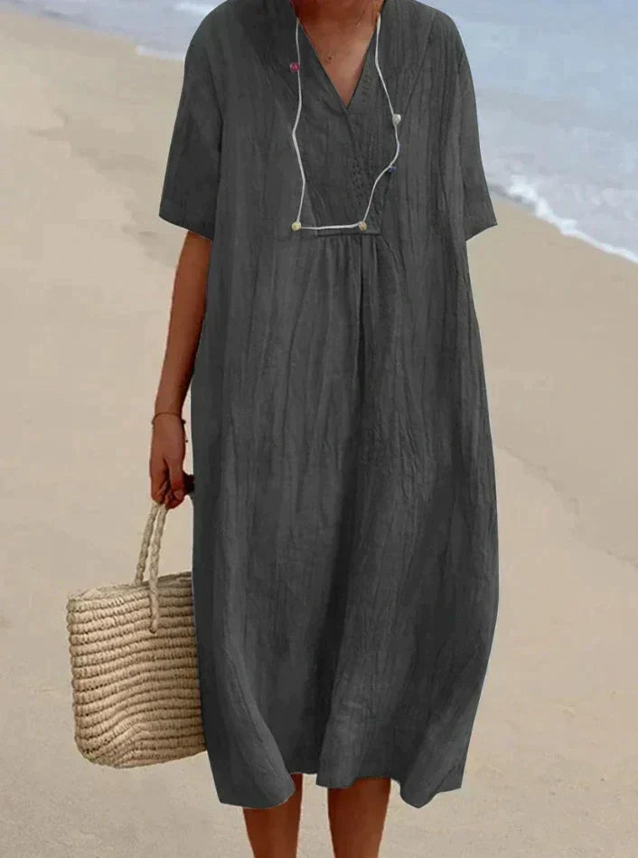 Cotton Linen Midi Dress Light Blue V-Neck Women's Short Sleeve – Casual, Beach, Summer, Holiday