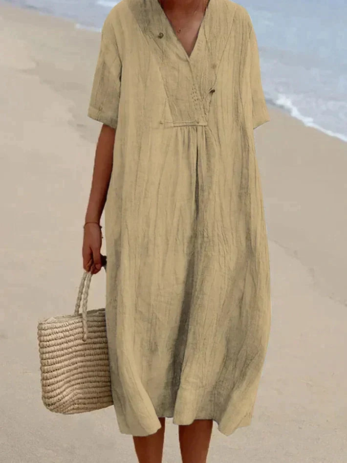 Cotton Linen Midi Dress Light Blue V-Neck Women's Short Sleeve – Casual, Beach, Summer, Holiday