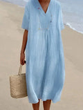 Cotton Linen Midi Dress Light Blue V-Neck Women's Short Sleeve – Casual, Beach, Summer, Holiday