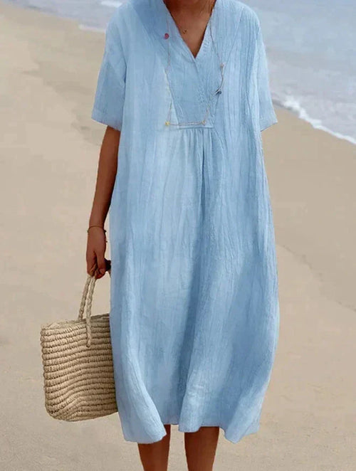 Cotton Linen Midi Dress Light Blue V-Neck Women's Short Sleeve – Casual, Beach, Summer, Holiday