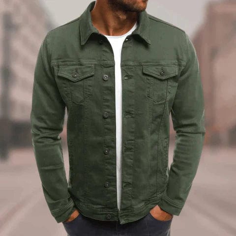 Cotton Trucker Jacket Men's Button-Up Denim Style Green – Casual, Office · Faylori