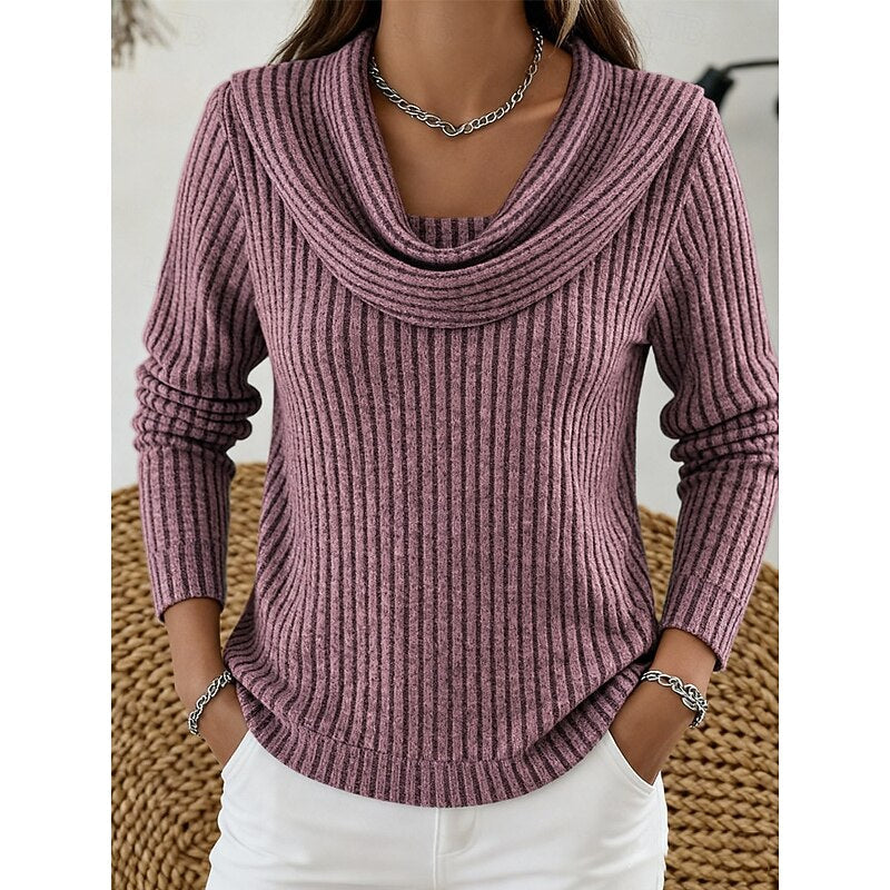 Cowl Neck Ribbed Knit Top Women's Long Sleeve Sweater – Casual, Office · Faylori