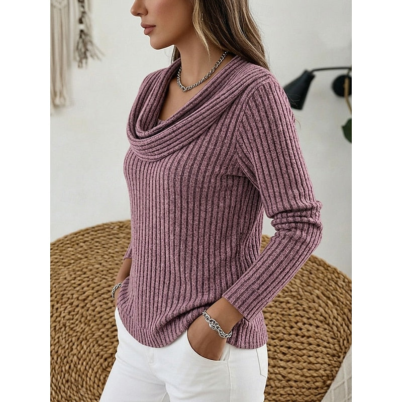 Cowl Neck Ribbed Knit Top Women's Long Sleeve Sweater – Casual, Office · Faylori