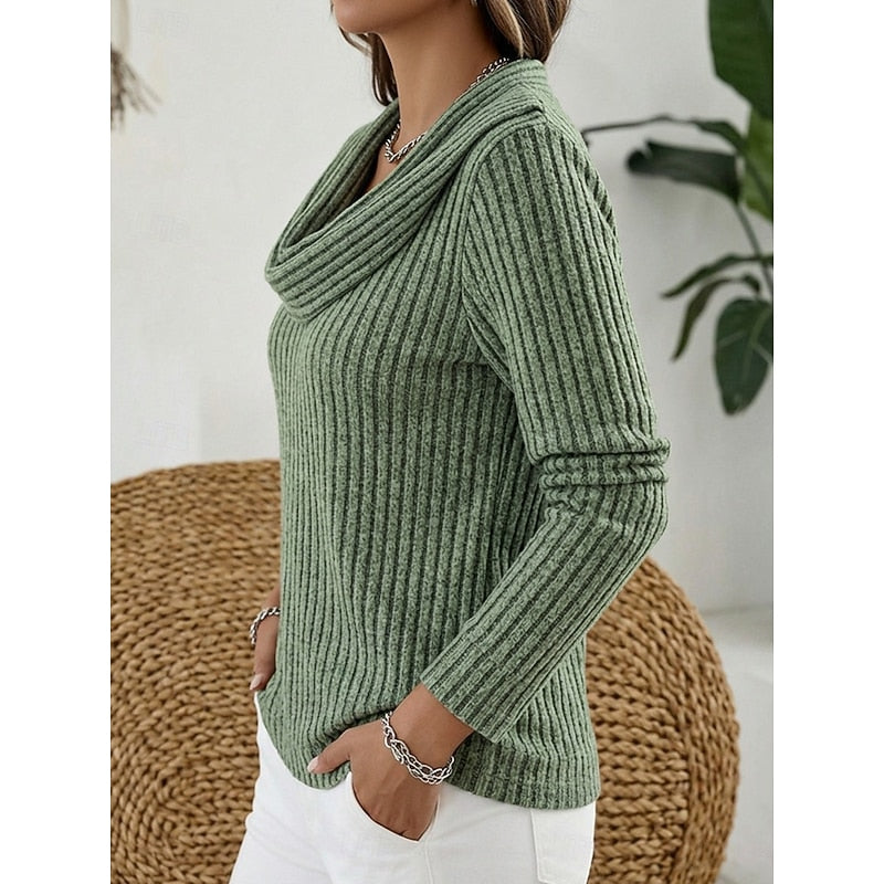Cowl Neck Ribbed Knit Top Women's Long Sleeve Sweater – Casual, Office · Faylori