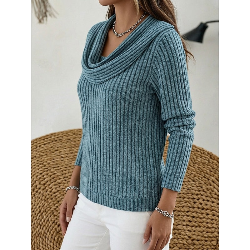 Cowl Neck Ribbed Knit Top Women's Long Sleeve Sweater – Casual, Office · Faylori