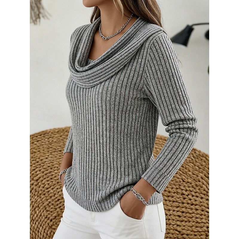 Cowl Neck Ribbed Knit Top Women's Long Sleeve Sweater – Casual, Office · Faylori