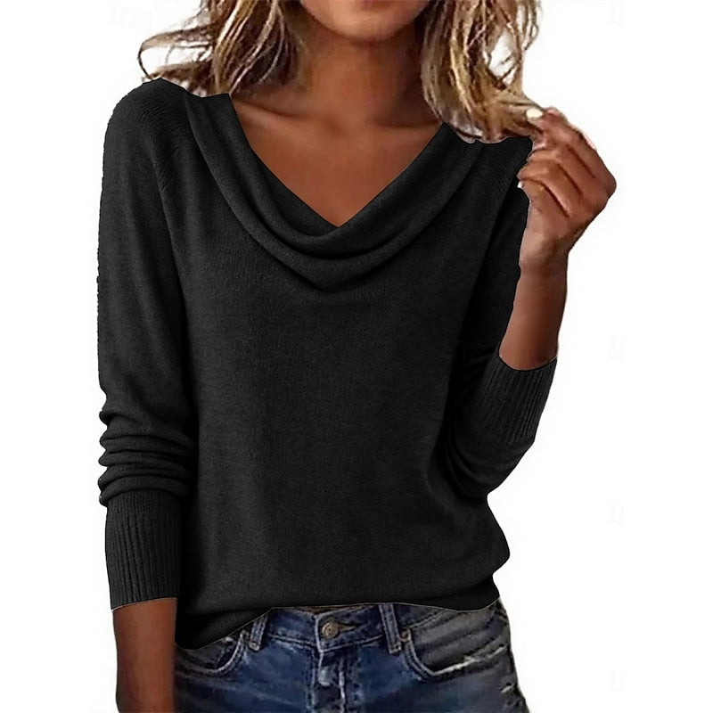 Cowl Neck Sweater Women's Draped Long Sleeve Knit Top Solid Color – Casual, Office, Gift