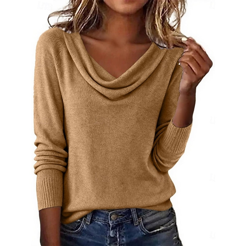 Cowl Neck Sweater Women's Draped Long Sleeve Knit Top Solid Color – Casual, Office, Gift