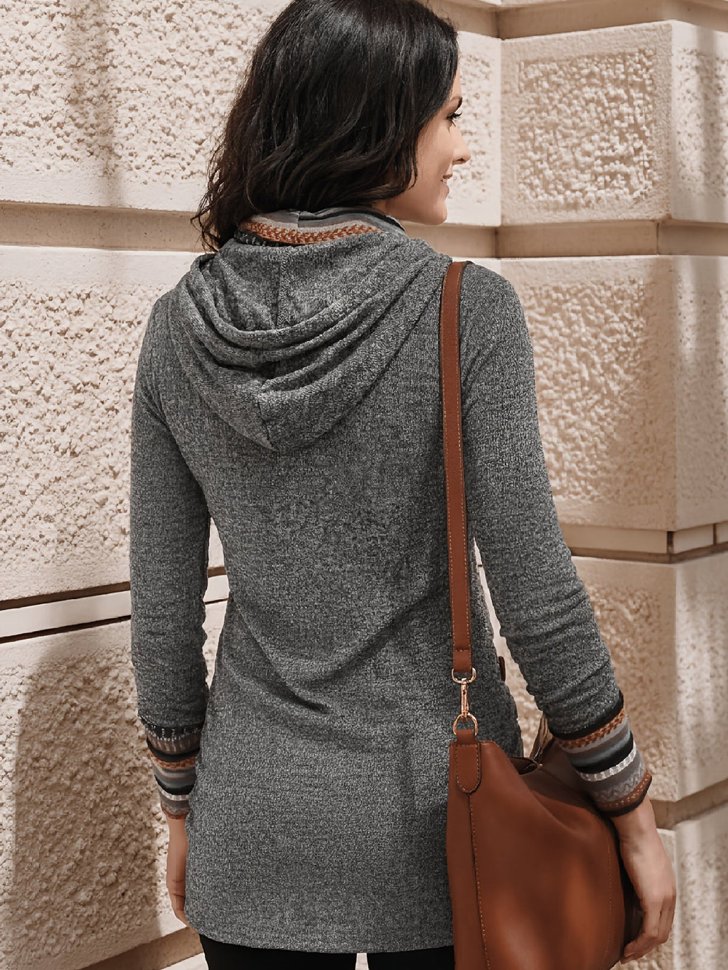 Cowl Neck Tunic Top Women's Long Sleeve Gray Aztec Print Button Detail – Casual, Office
