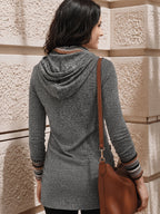 Cowl Neck Tunic Top Women's Long Sleeve Gray Aztec Print Button Detail – Casual, Office