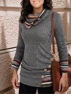 Cowl Neck Tunic Top Women's Long Sleeve Gray Aztec Print Button Detail – Casual, Office