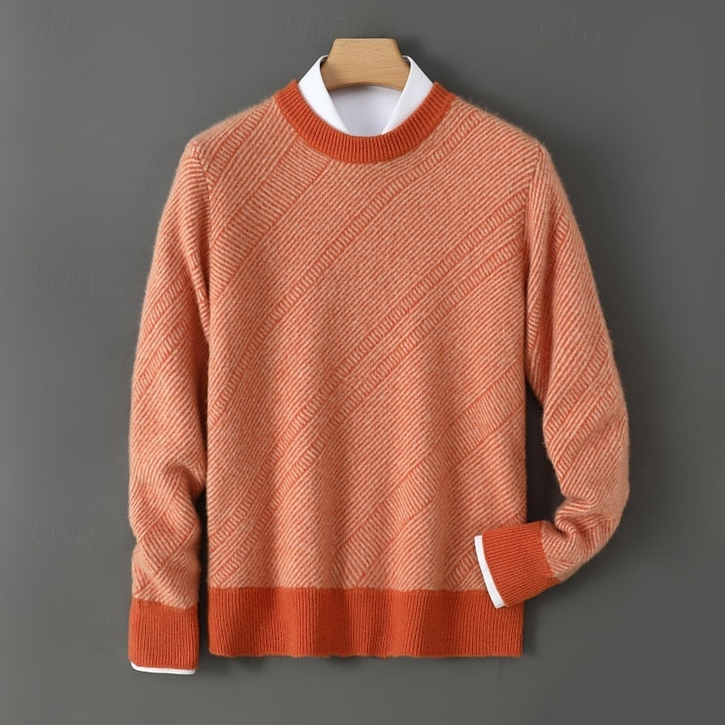Crew Neck Sweater Men's Knit Beige Textured Diagonal Pattern – Casual, Office, Gift