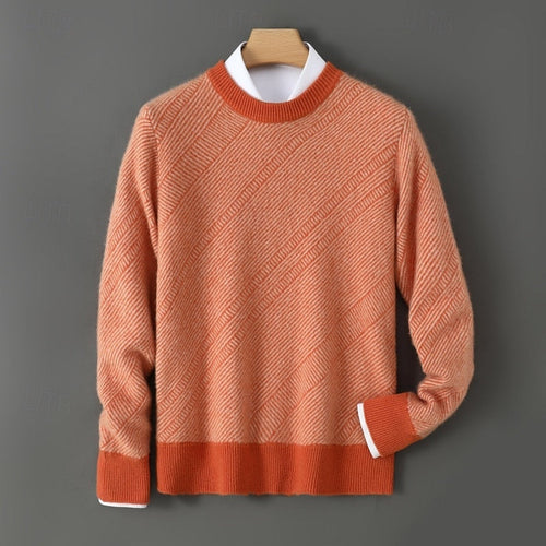 Crew Neck Sweater Men's Knit Beige Textured Diagonal Pattern – Casual, Office, Gift