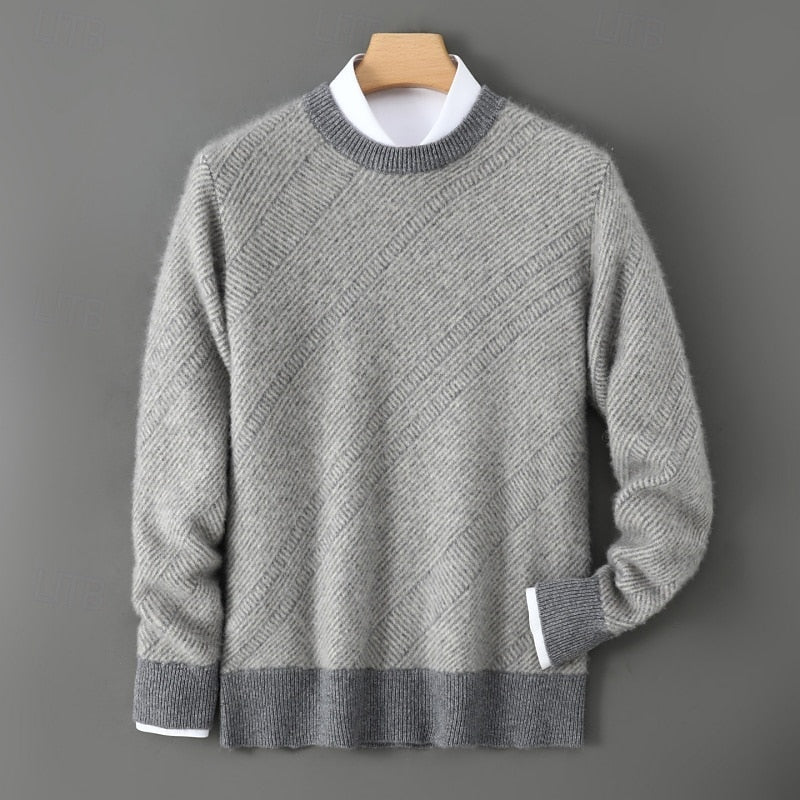 Crew Neck Sweater Men's Knit Beige Textured Diagonal Pattern – Casual, Office, Gift
