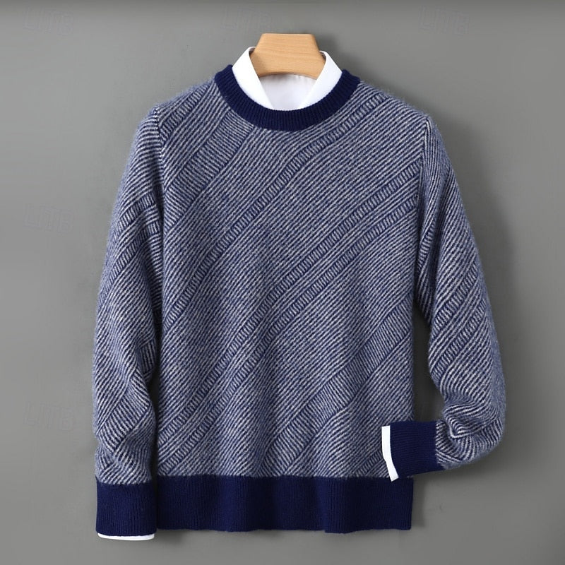 Crew Neck Sweater Men's Knit Beige Textured Diagonal Pattern – Casual, Office, Gift
