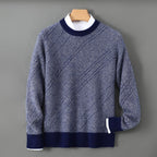 Crew Neck Sweater Men's Knit Beige Textured Diagonal Pattern – Casual, Office, Gift