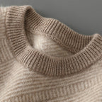 Crew Neck Sweater Men's Knit Beige Textured Diagonal Pattern – Casual, Office, Gift