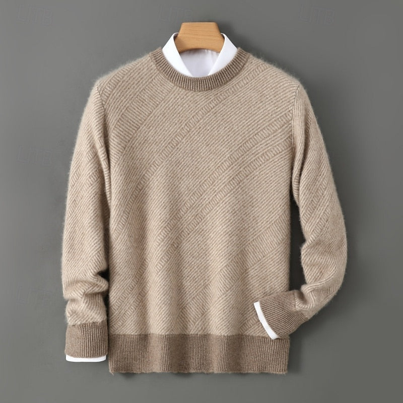 Crew Neck Sweater Men's Knit Beige Textured Diagonal Pattern – Casual, Office, Gift
