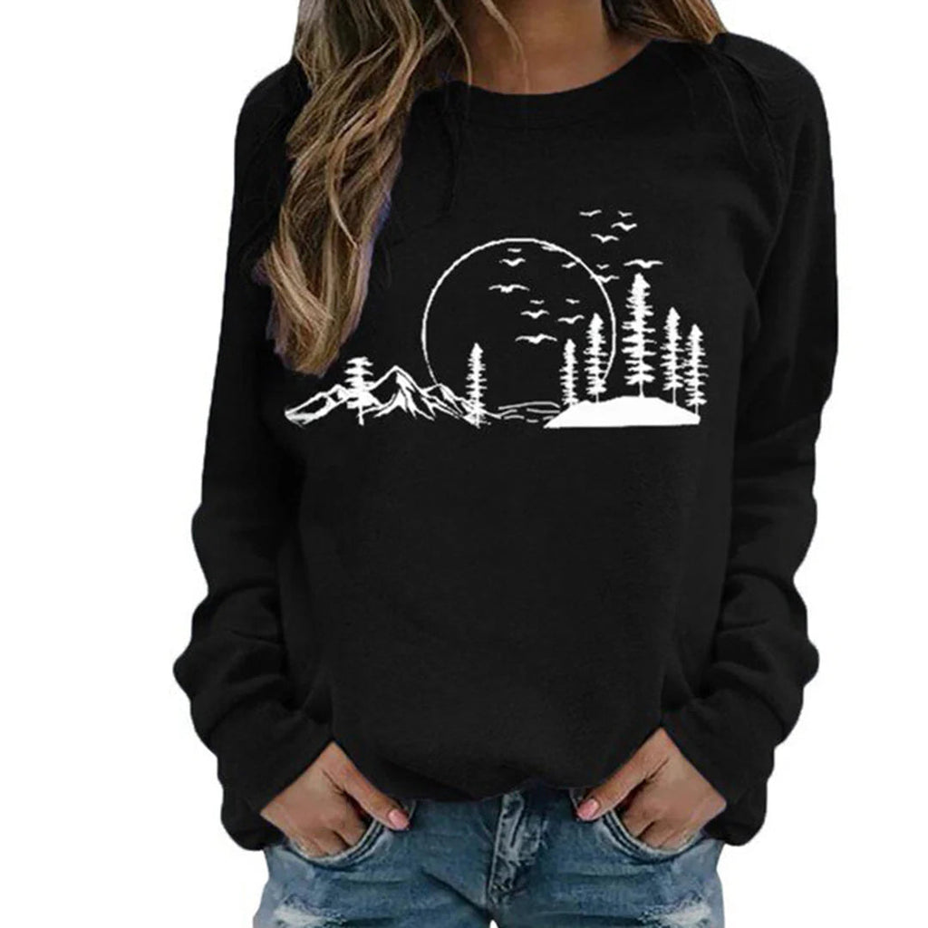 Crewneck Sweatshirt Women's Long Sleeve Mountain Graphic Print Pullover – Casual, Gift