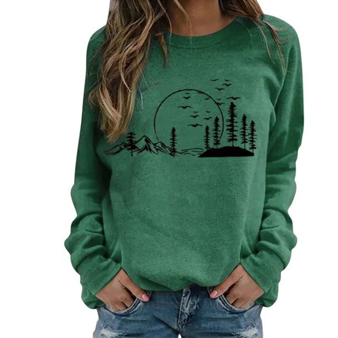 Crewneck Sweatshirt Women's Long Sleeve Mountain Graphic Print Pullover – Casual, Gift