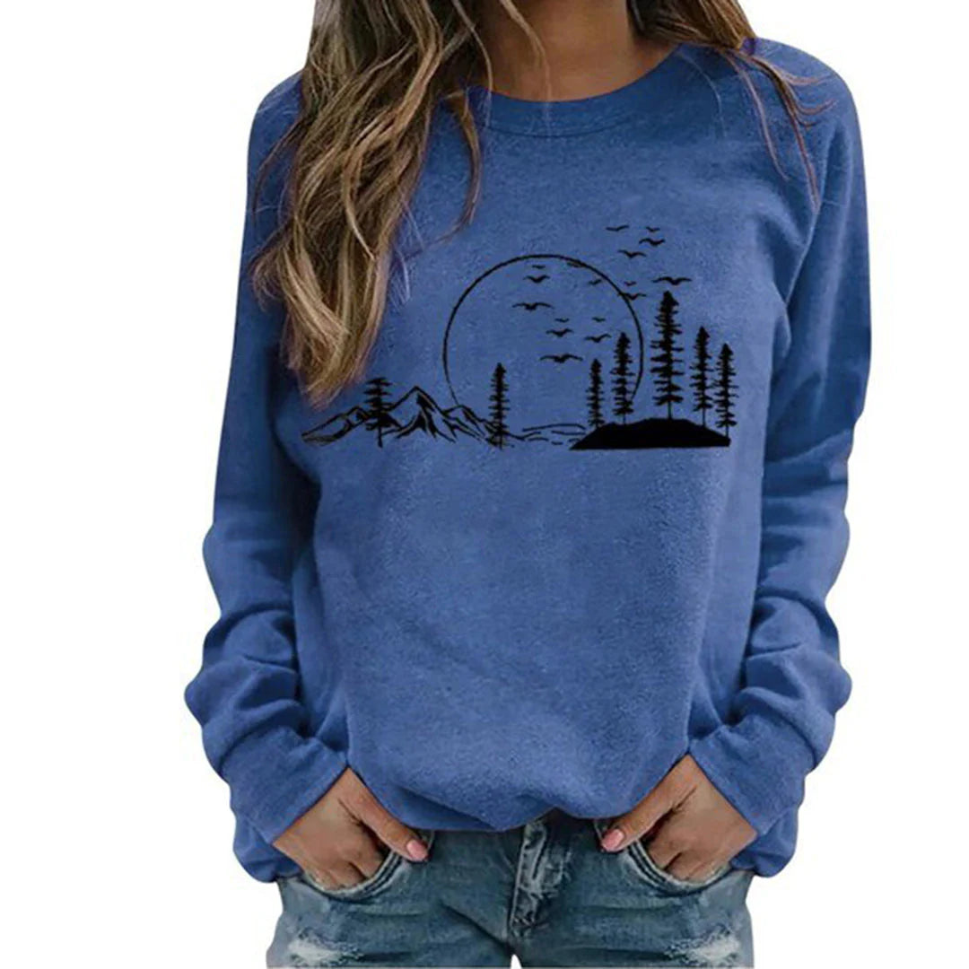 Crewneck Sweatshirt Women's Long Sleeve Mountain Graphic Print Pullover – Casual, Gift