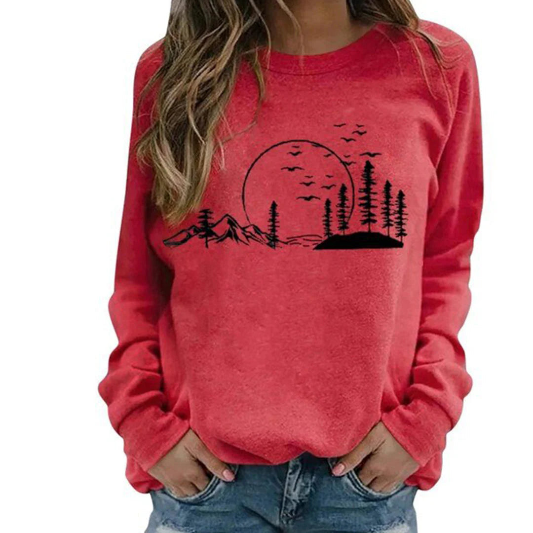 Crewneck Sweatshirt Women's Long Sleeve Mountain Graphic Print Pullover – Casual, Gift
