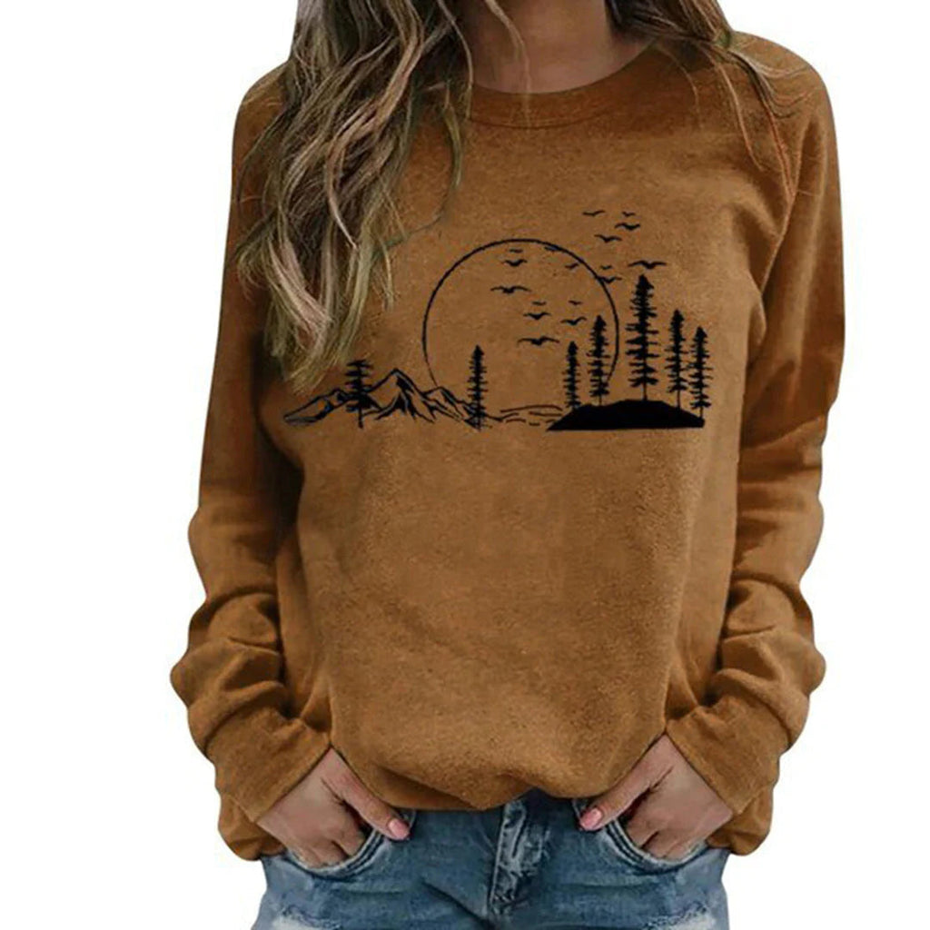 Crewneck Sweatshirt Women's Long Sleeve Mountain Graphic Print Pullover – Casual, Gift