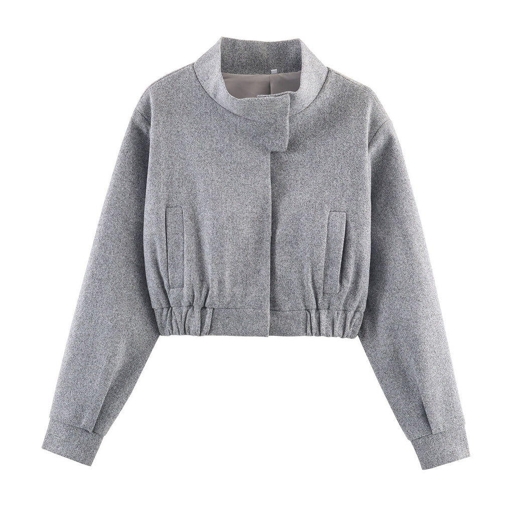 Cropped Bomber Jacket Women's Grey Stand Collar Zip Front Elastic Hem – Casual, Office, Holiday, Gift