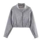 Cropped Bomber Jacket Women's Grey Stand Collar Zip Front Elastic Hem – Casual, Office, Holiday, Gift