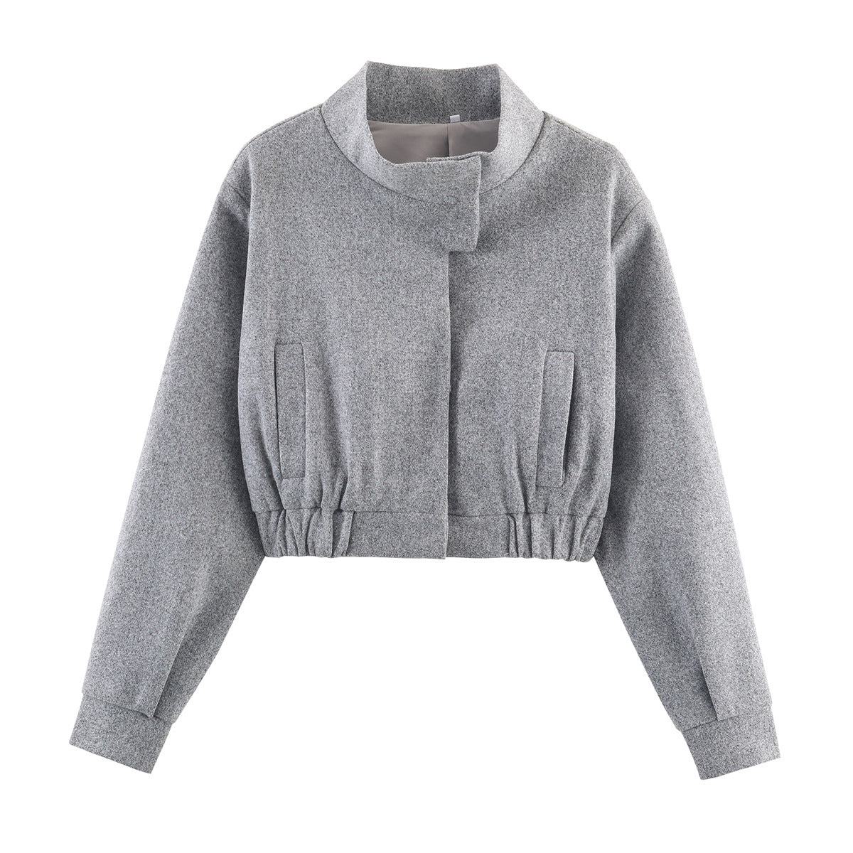 Cropped Bomber Jacket Women's Grey Stand Collar Zip Front Elastic Hem – Casual, Office, Holiday, Gift
