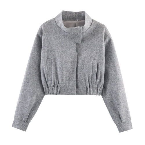 Cropped Bomber Jacket Women's Grey Stand Collar Zip Front Elastic Hem – Casual, Office, Holiday, Gift