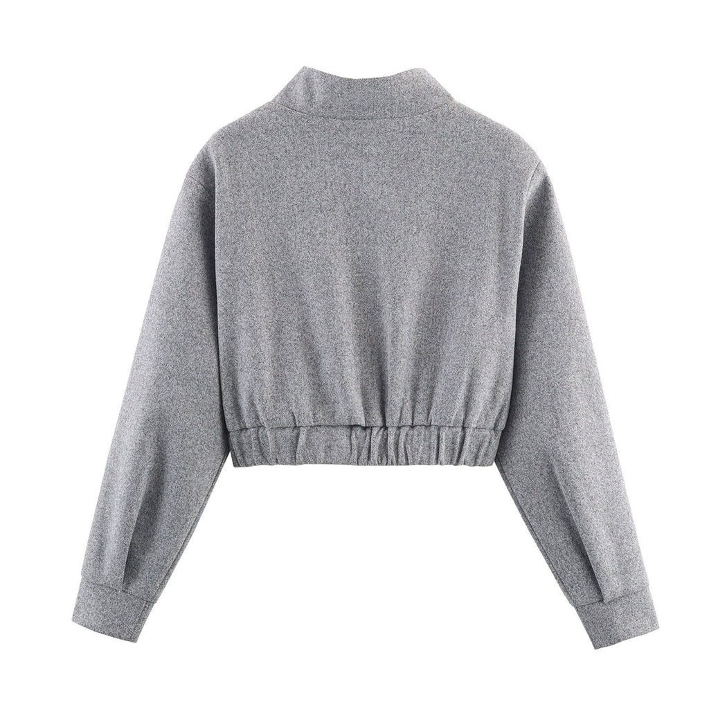 Cropped Bomber Jacket Women's Grey Stand Collar Zip Front Elastic Hem – Casual, Office, Holiday, Gift