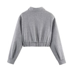 Cropped Bomber Jacket Women's Grey Stand Collar Zip Front Elastic Hem – Casual, Office, Holiday, Gift
